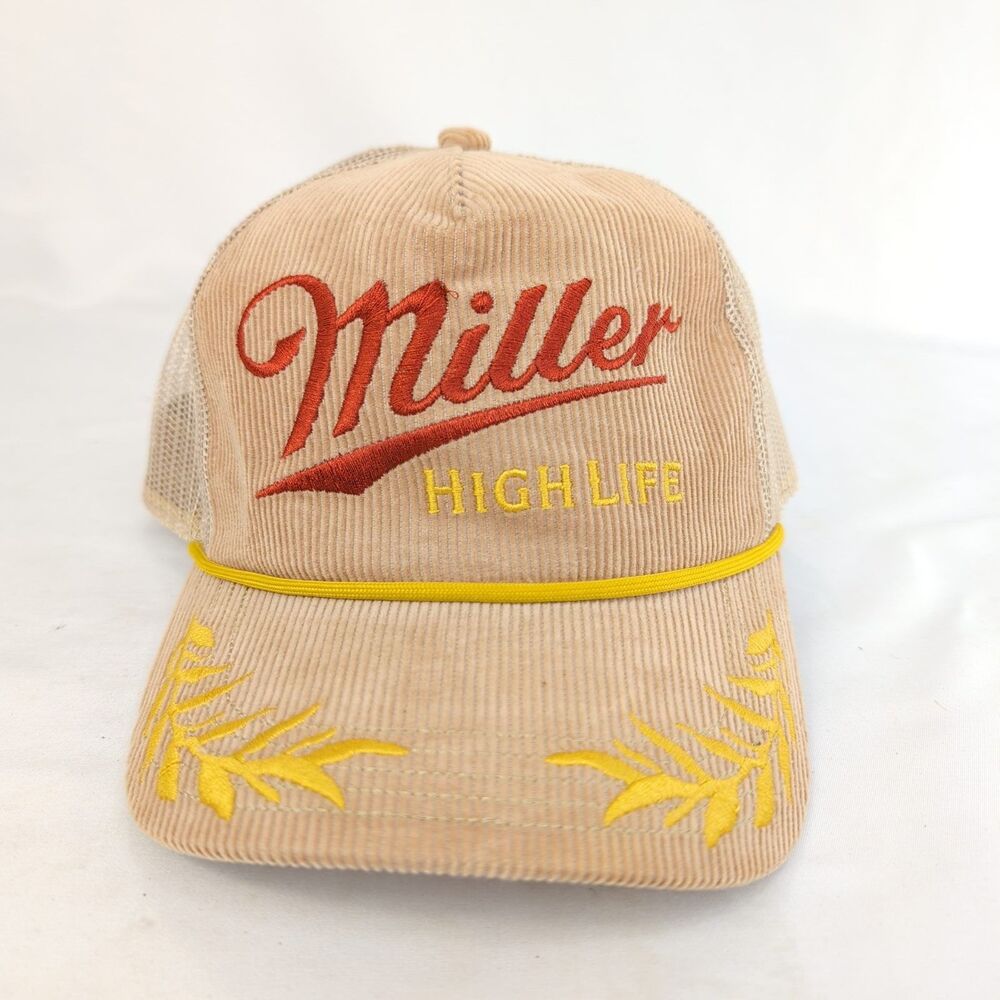 Miller High Life Hat Corduroy Trucker Snapback Tan Brown Rope Embroidered Logo